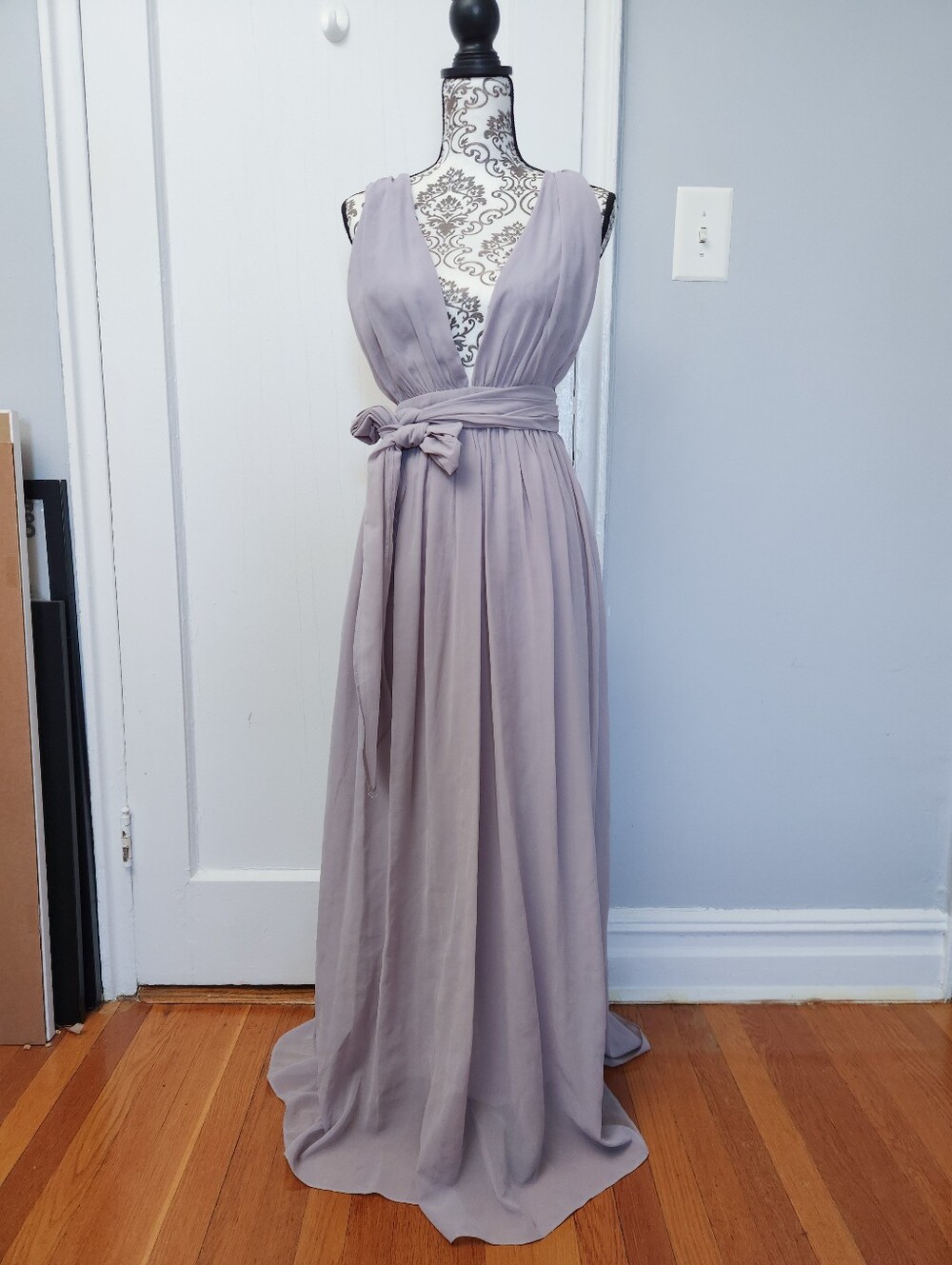 Plunging V-Neck Lavender Purple Prom Evening Chiffon Maxi Dress with Waist Tie